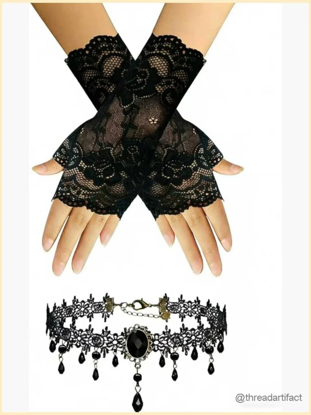 Fingerless Lace Gloves and Velvet Choker Set Gothic Accessories